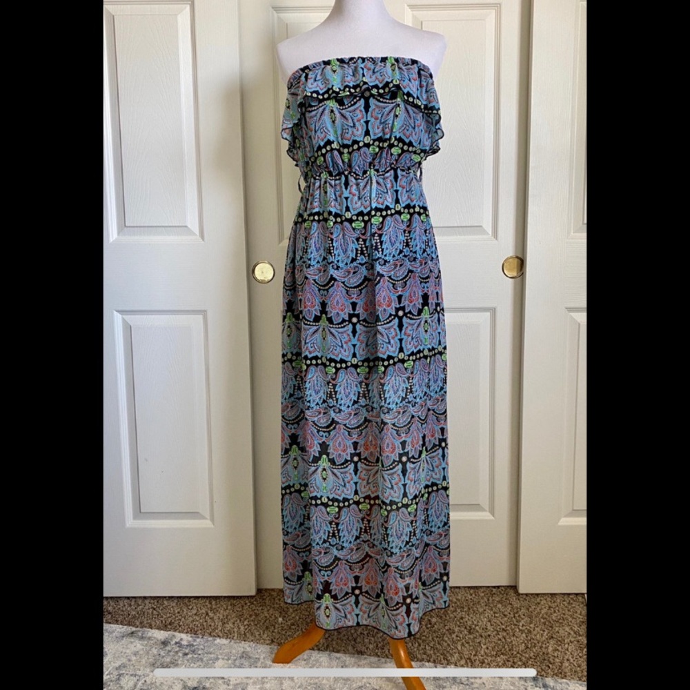 No Boundaries Strapless Paisley Maxi Dress‎ Ruffle Boho Festival Juniors Sz M